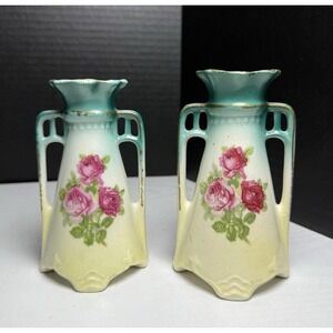 2 Vintage Czech Porcelain Ceramic Bud Vase 5 1/4" and 5" Roses 2 Handles Green